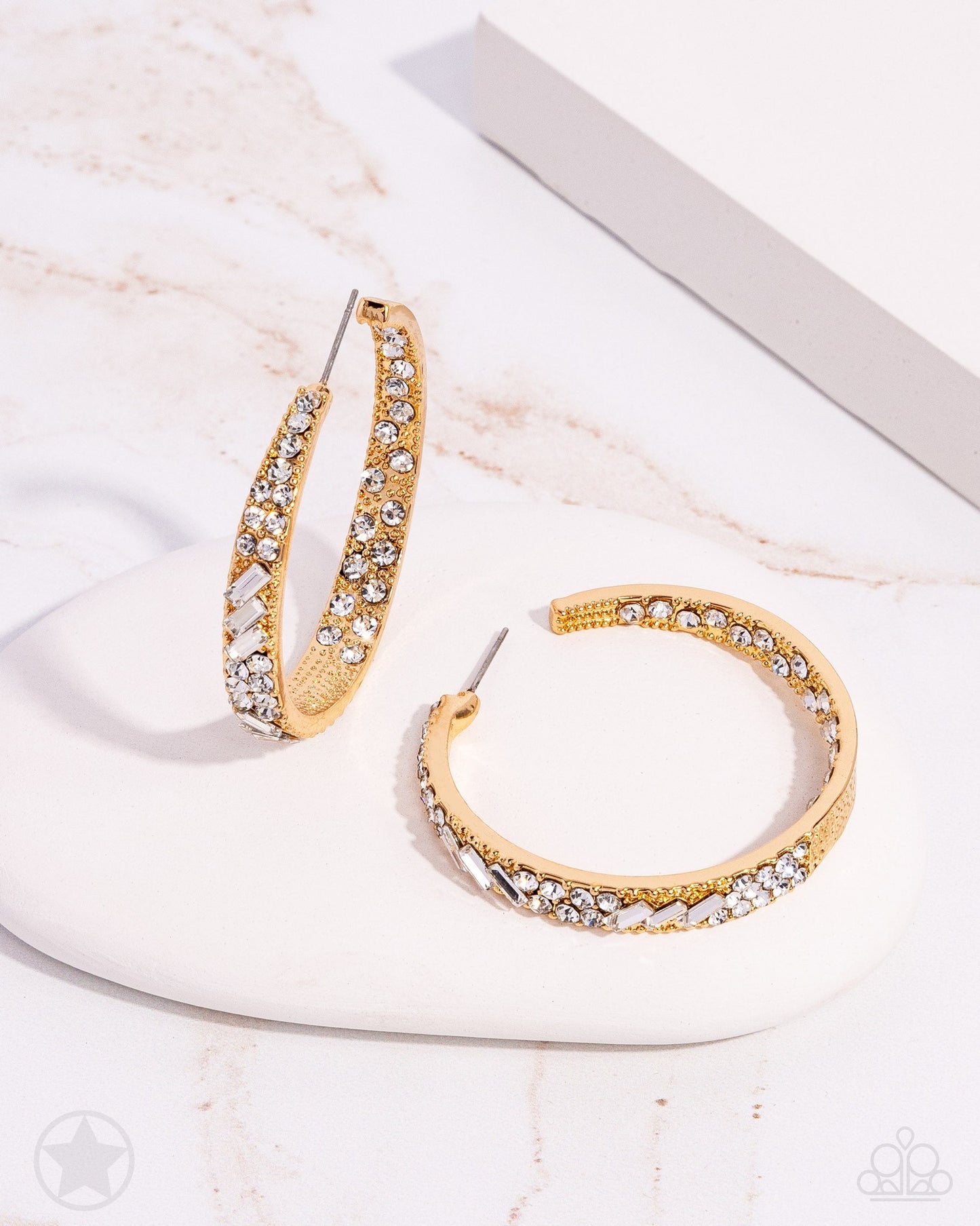 GLITZY By Association - Gold with White Rhinestones Hoop, Post Earrings - Blockbuster