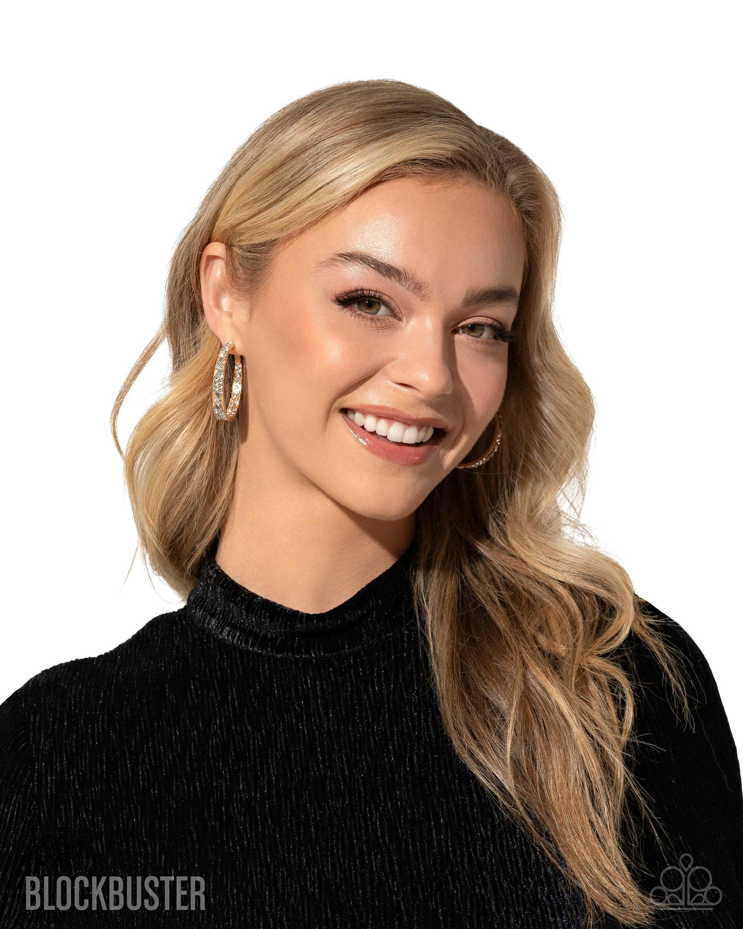 GLITZY By Association - Gold with White Rhinestones Hoop, Post Earrings - Blockbuster