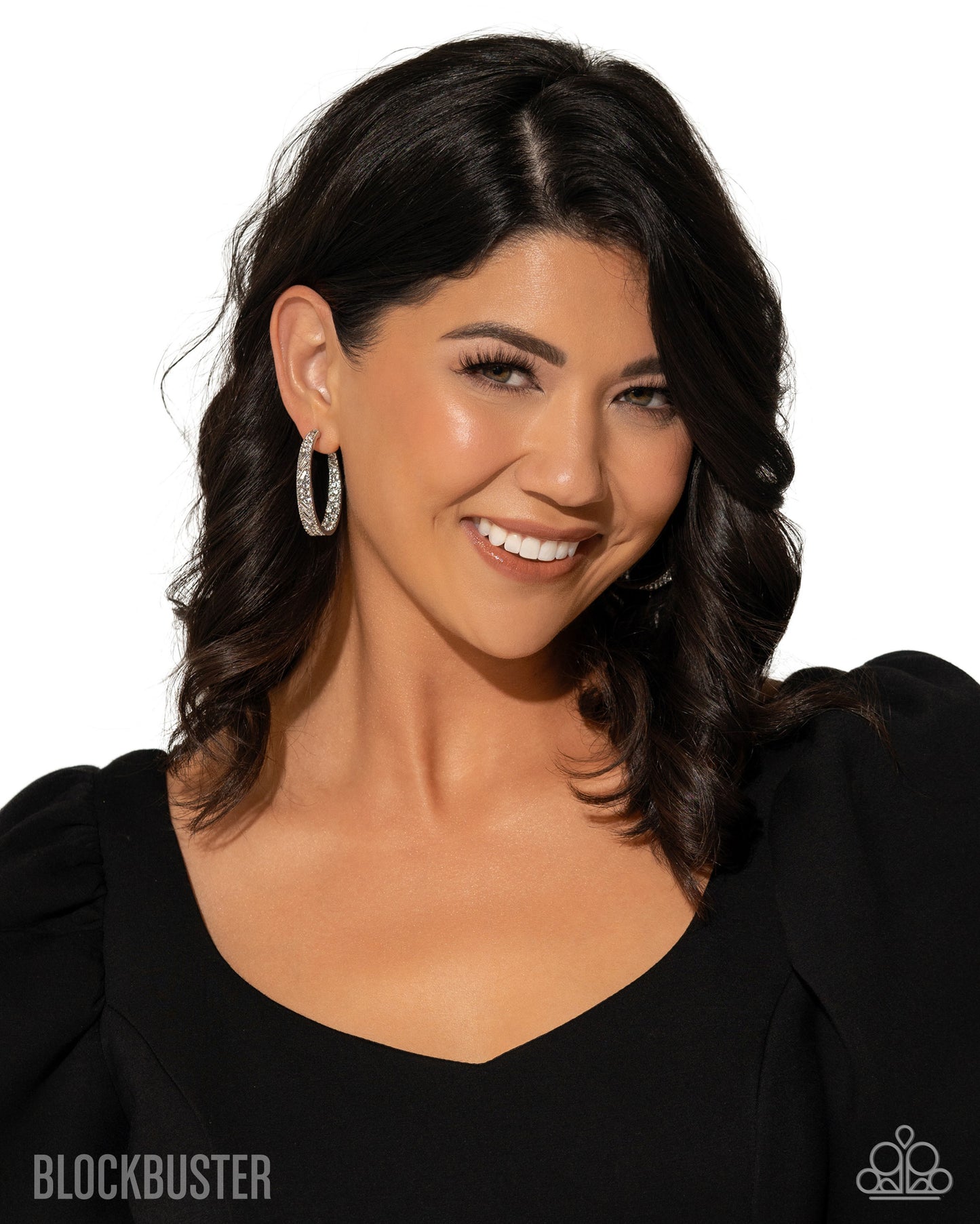 GLITZY By Association - Silver with White Rhinestones Hoop, Post Earrings - Blockbuster