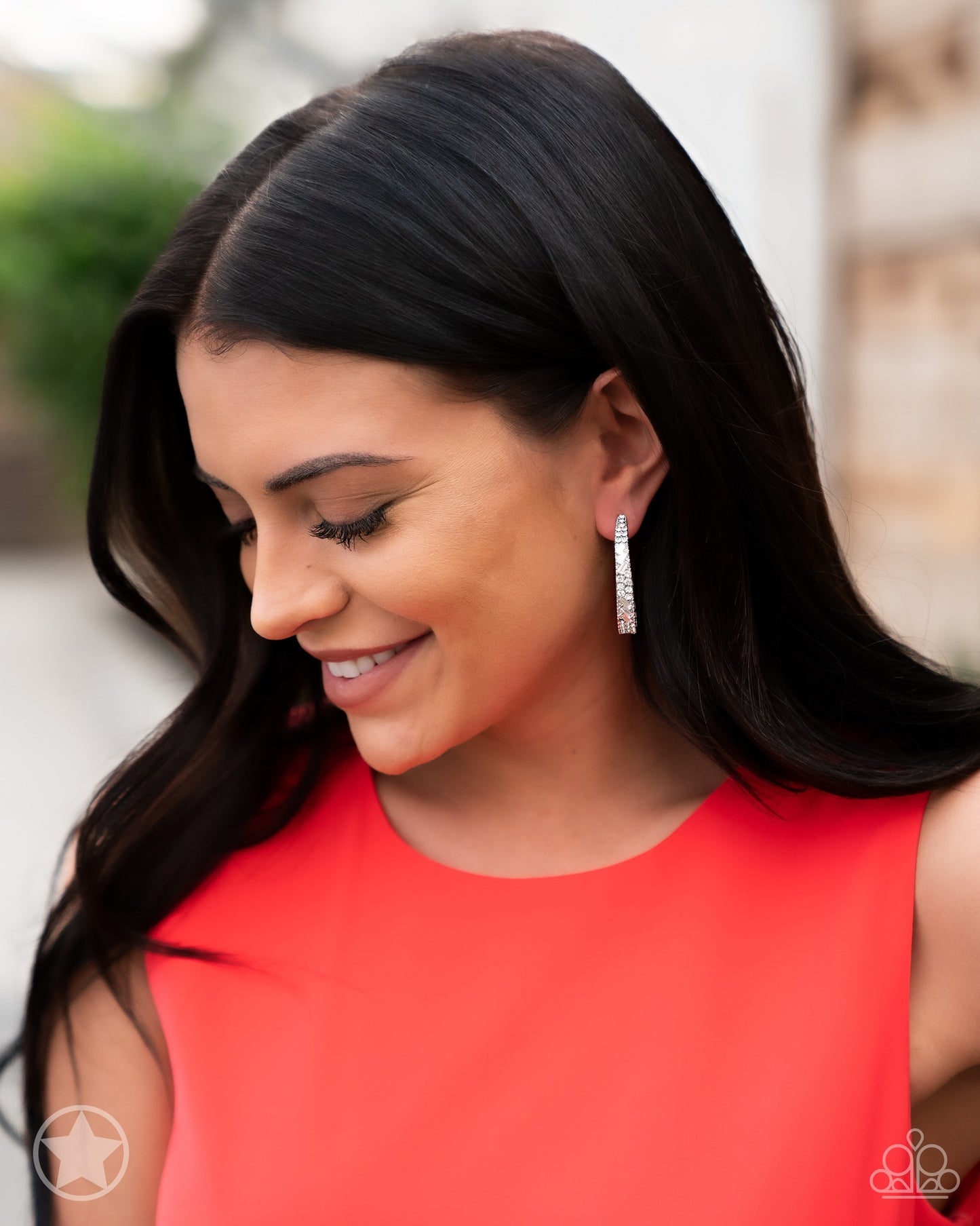 GLITZY By Association - Silver with White Rhinestones Hoop, Post Earrings - Blockbuster