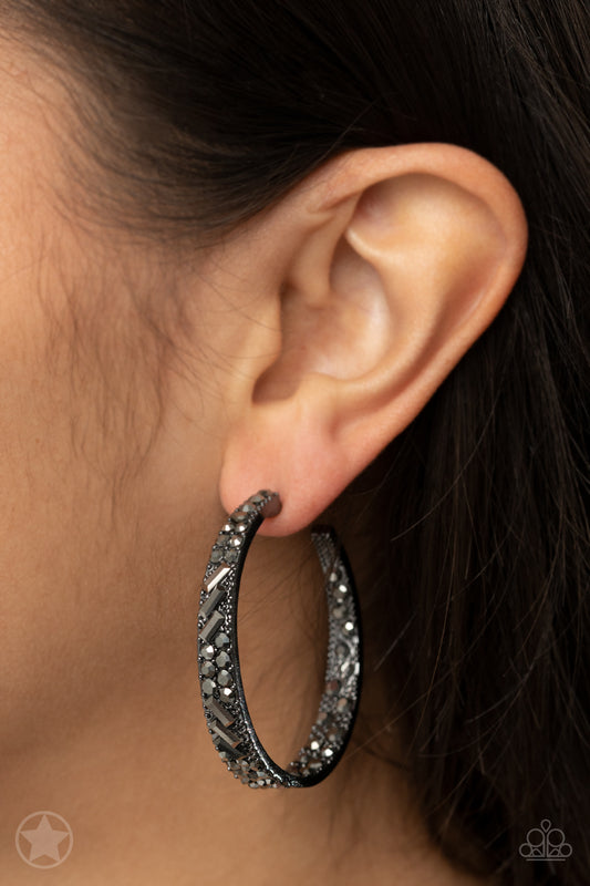 GLITZY By Association - Black/Gunmetal with Hematite Rhinestone Hoop, Post Earrings - Blockbuster