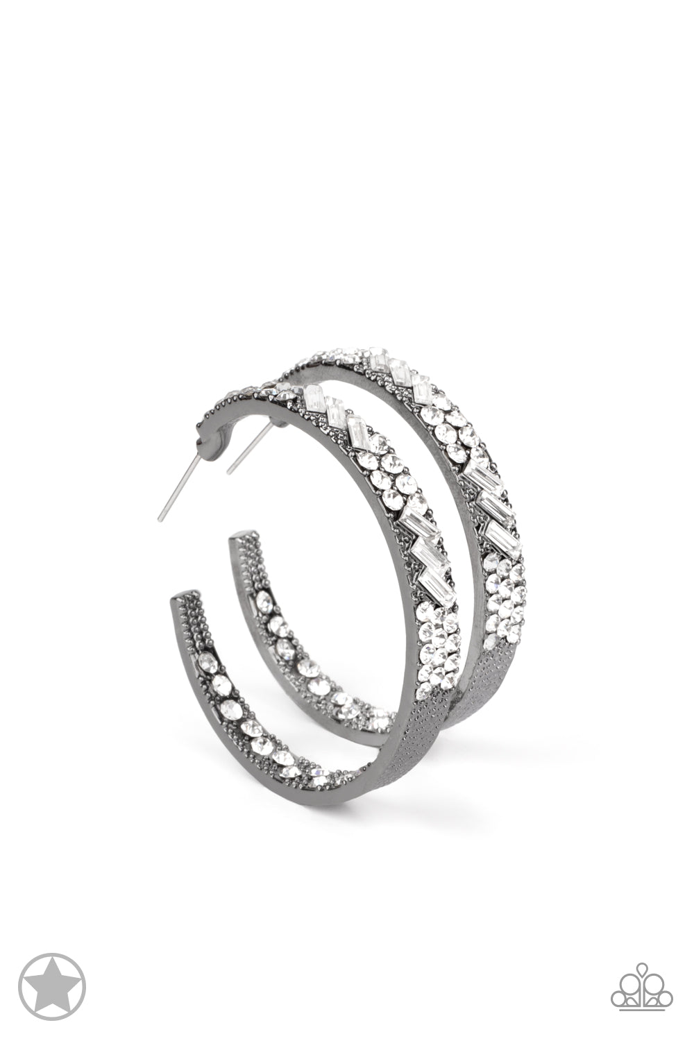 GLITZY By Association - Black/Gunmetal with White Rhinestone Hoop, Post Earrings - Blockbuster