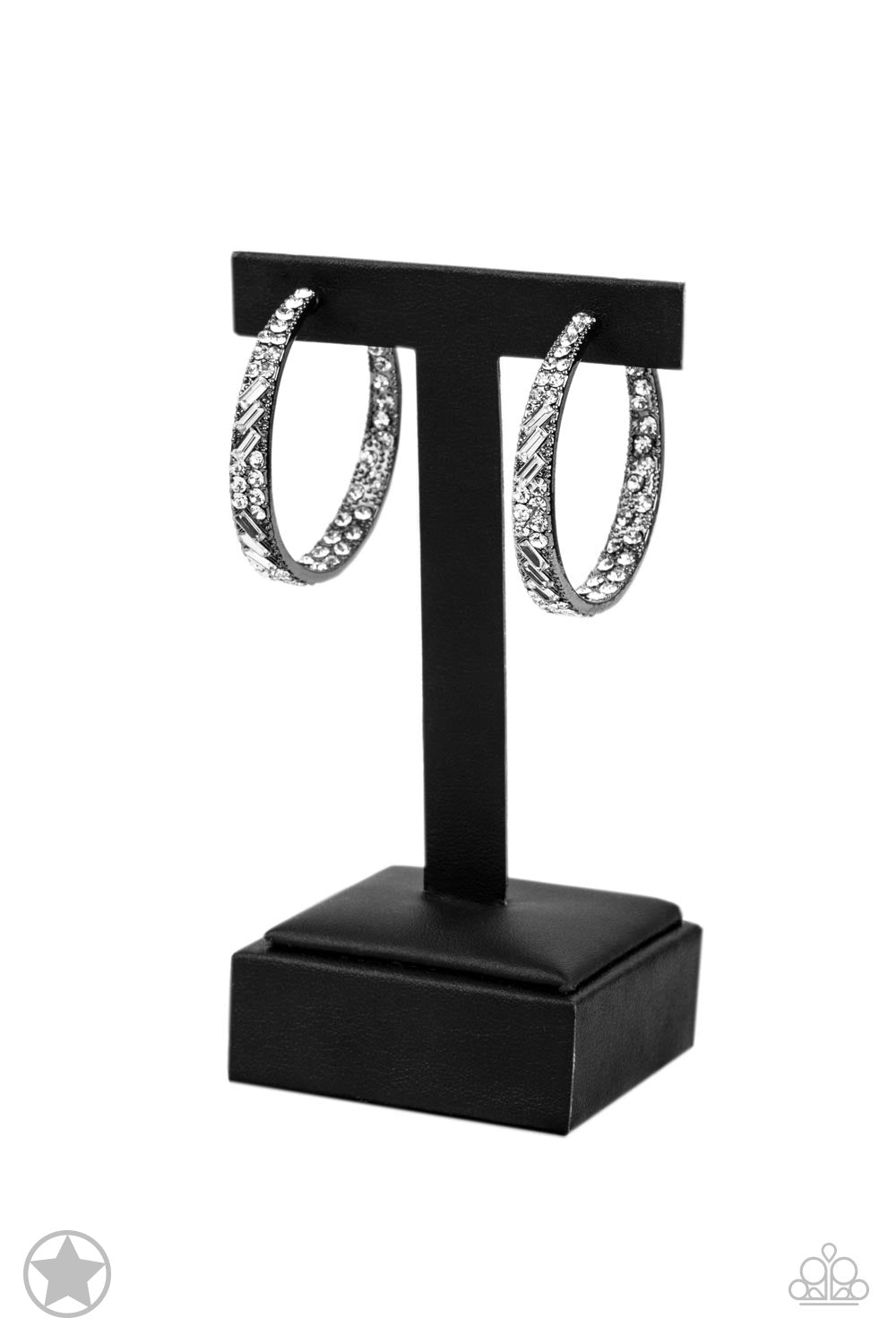 GLITZY By Association - Black/Gunmetal with White Rhinestone Hoop, Post Earrings - Blockbuster