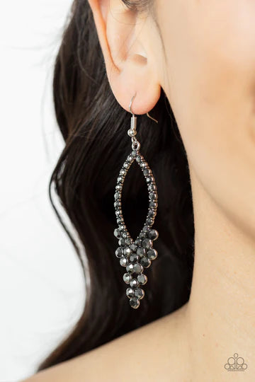 GLOWING off the Deep End - Silver Hematite Rhinestone Fishhook Earrings