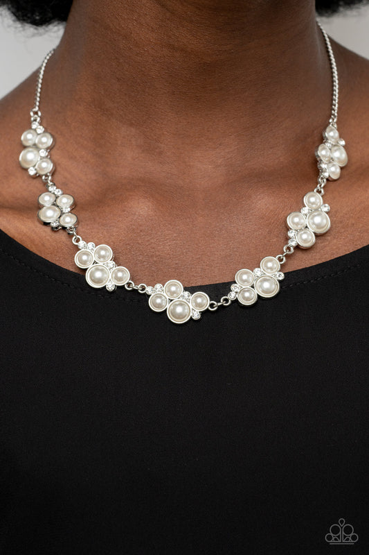 GRACE to the Top - White Pearl and Rhinestone Silver Short Necklace