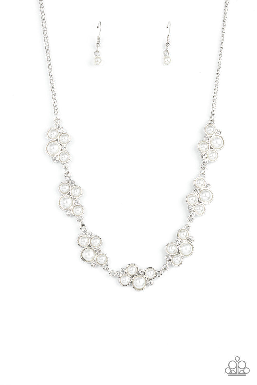 GRACE to the Top - White Pearl and Rhinestone Silver Short Necklace