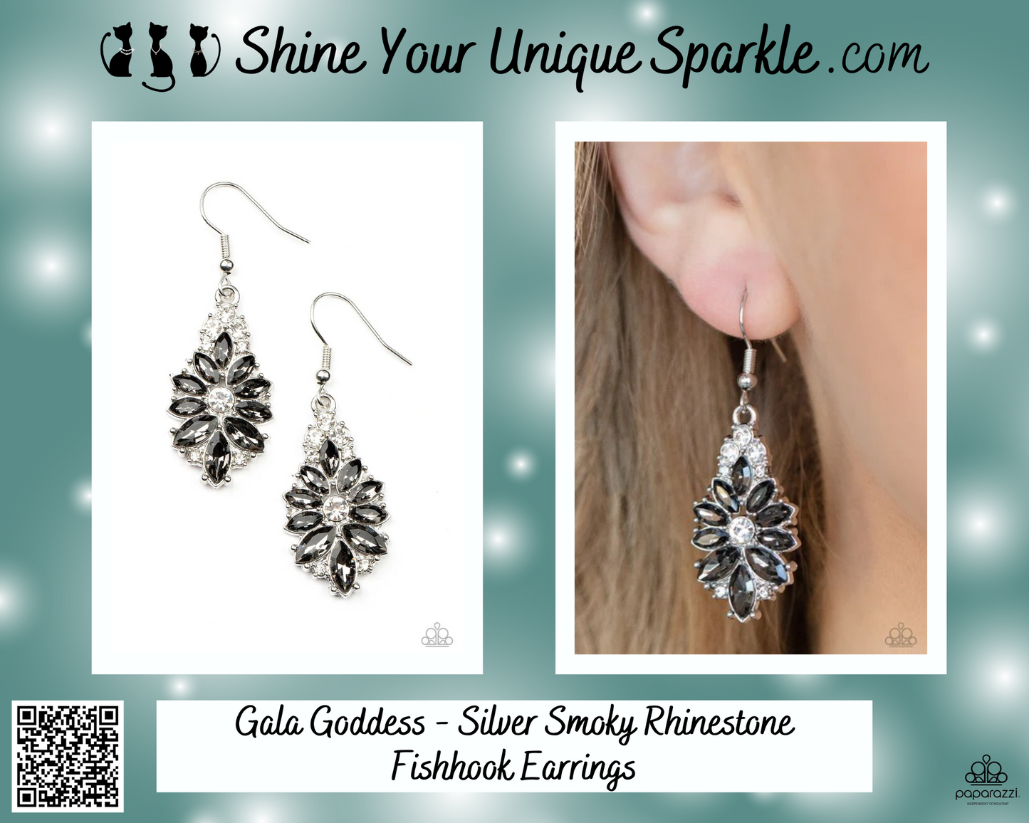 Gala Goddess - Silver Smoky Rhinestone Fishhook Earrings