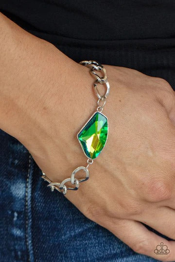 Galactic Grunge - Peacock Green UV Shimmer Gem Silver Chain Clasp Bracelet