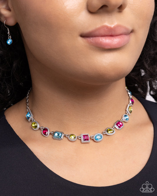 Gallery Glam - Multi Color Gem Silver Short Choker Necklace