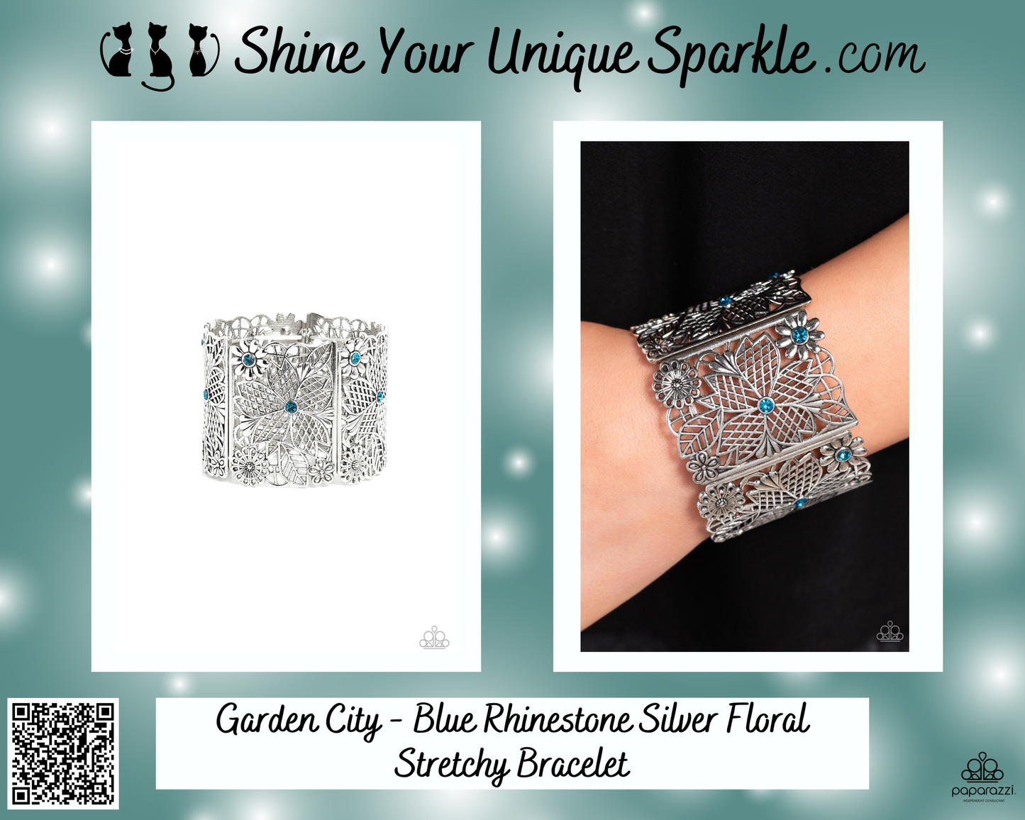 Garden City - Blue Rhinestone Silver Floral Stretchy Bracelet