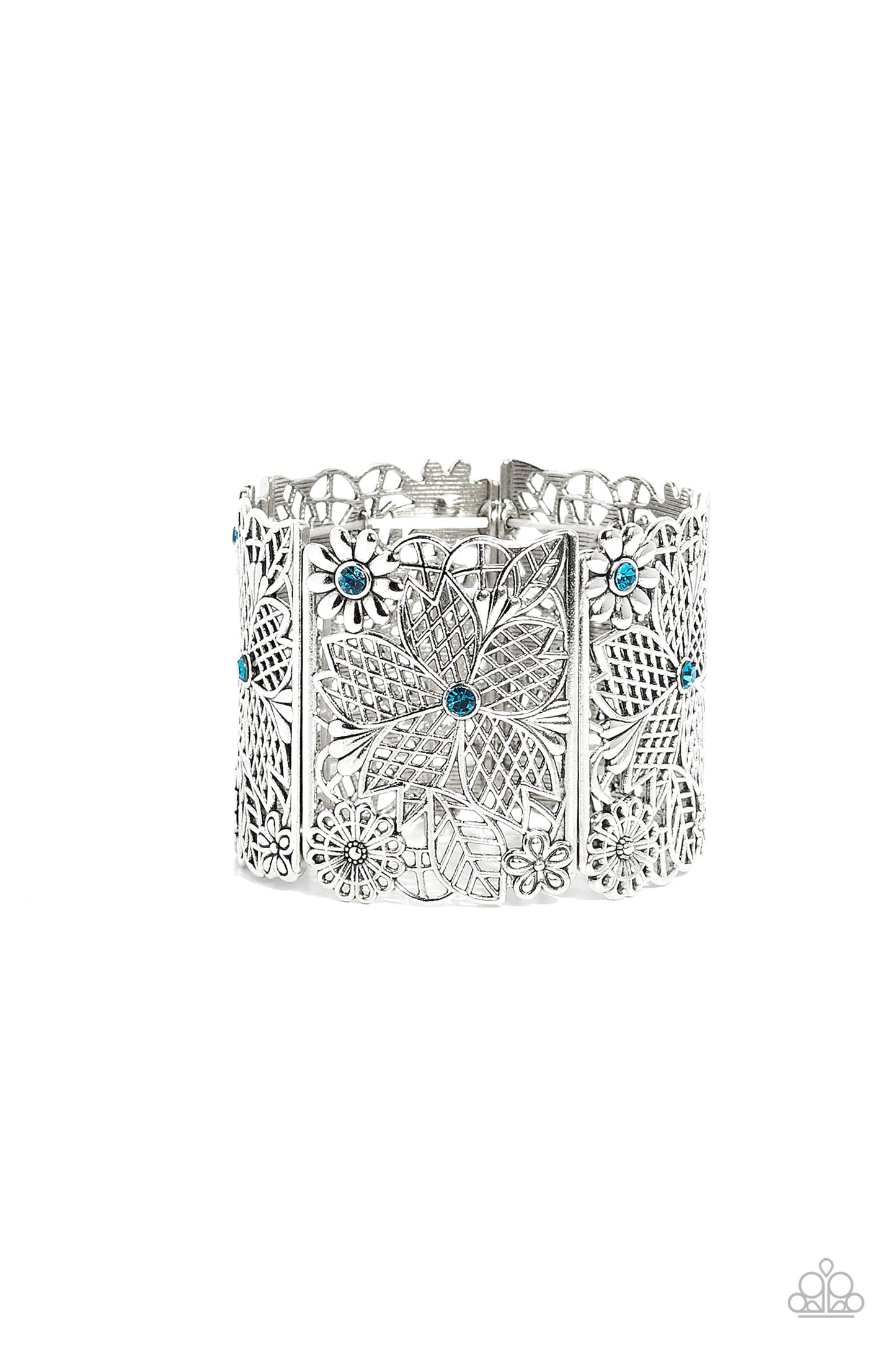 Garden City - Blue Rhinestone Silver Floral Stretchy Bracelet