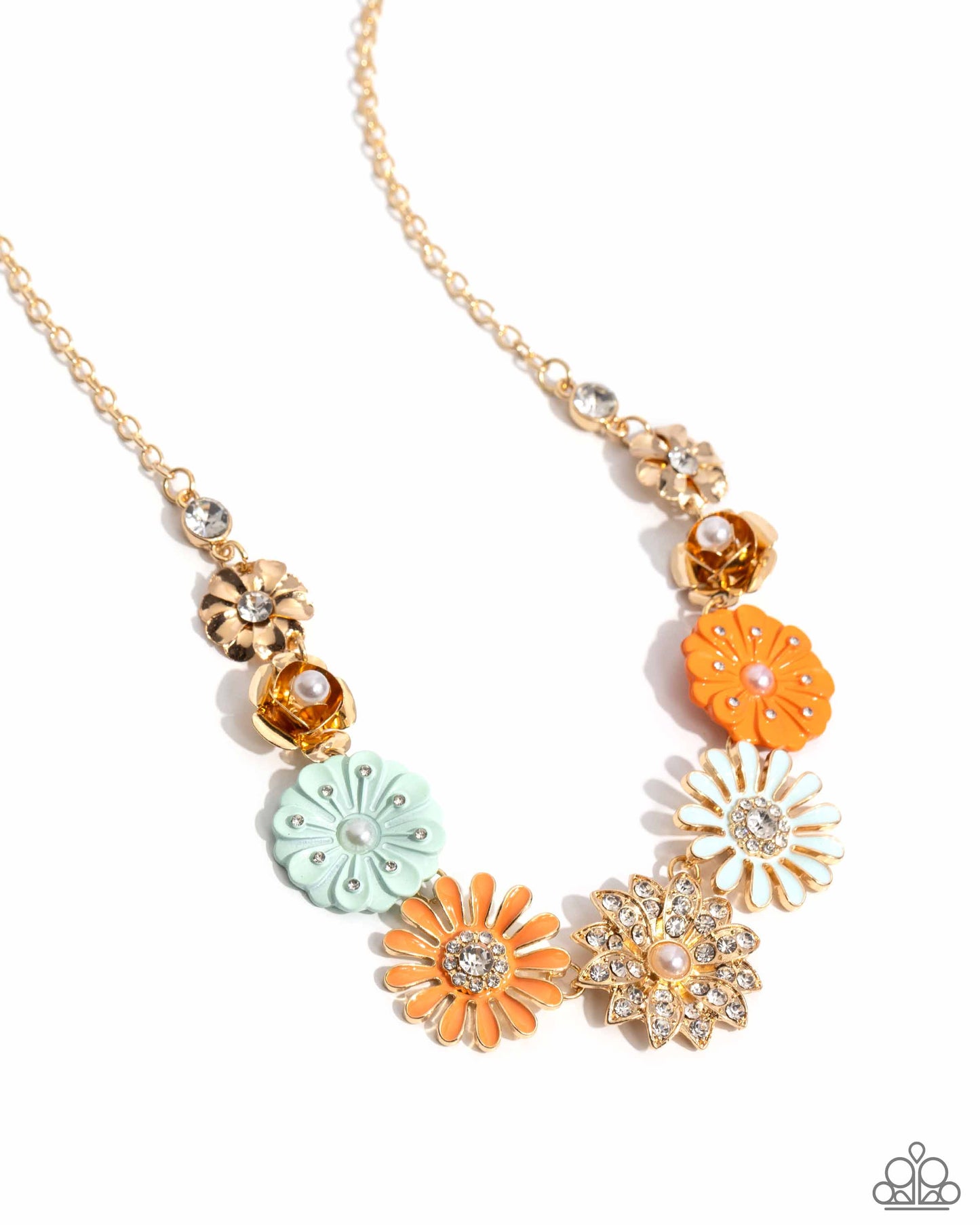 Garden Gesture - Multi Orange, Blue, Gold Floral Short Necklace - Life of the Party