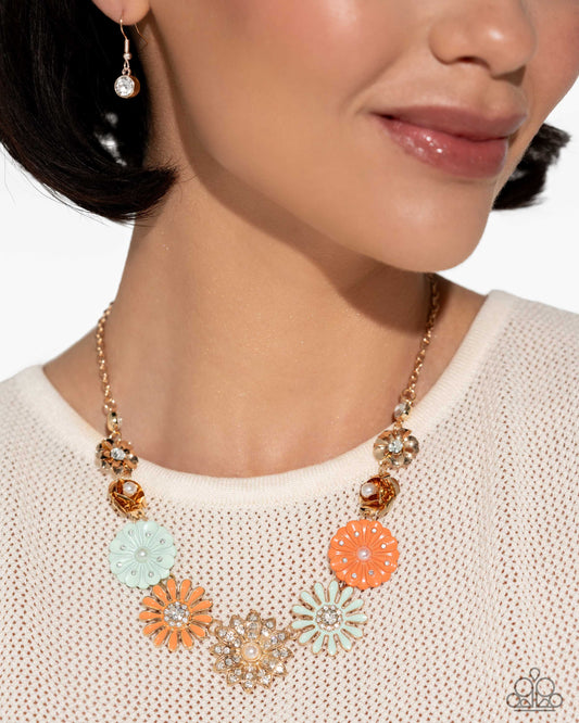 Garden Gesture - Multi Orange, Blue, Gold Floral Short Necklace - Life of the Party