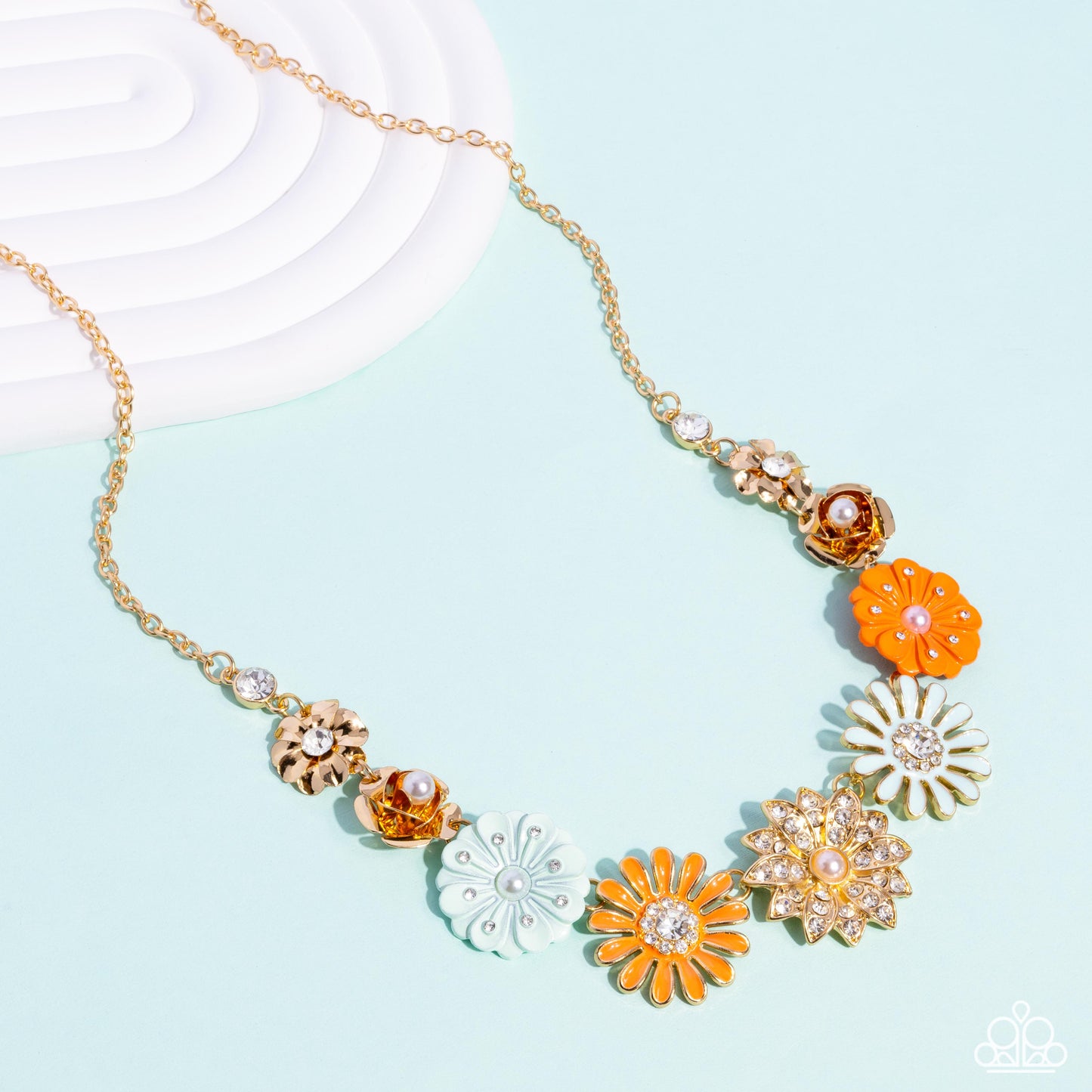 Garden Gesture - Multi Orange, Blue, Gold Floral Short Necklace - Life of the Party