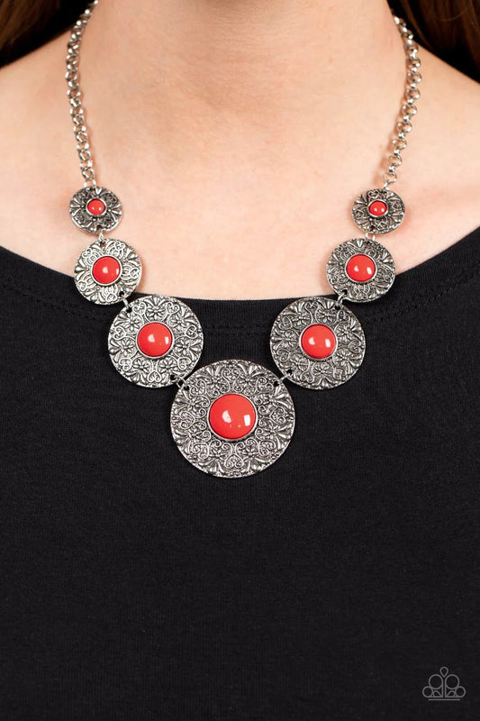 Garden Glade - Red Bead Silver Medallion Short Necklace