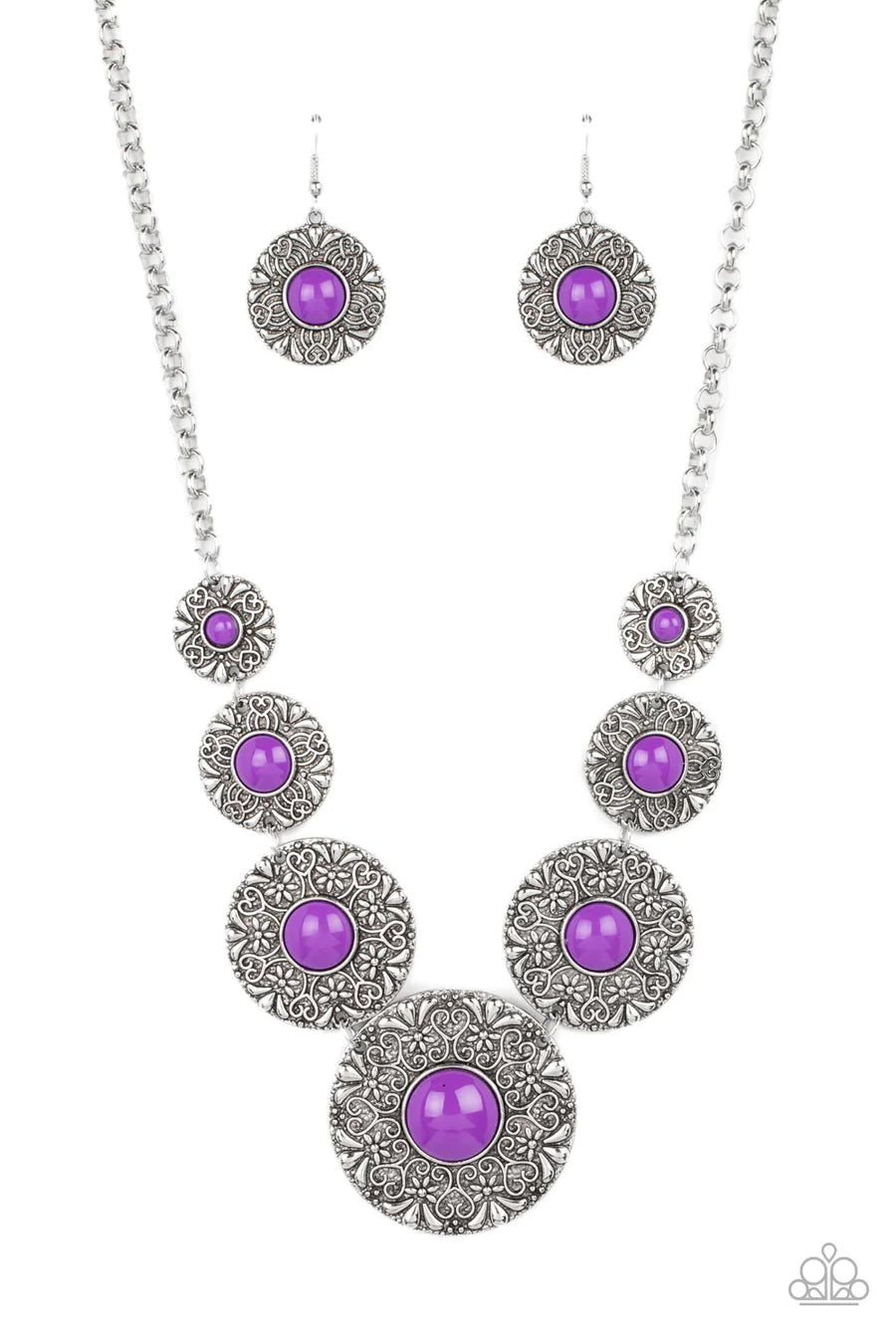 Garden Glade - Purple Bead Silver Medallion Short Necklace