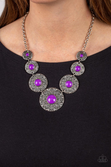 Garden Glade - Purple Bead Silver Medallion Short Necklace