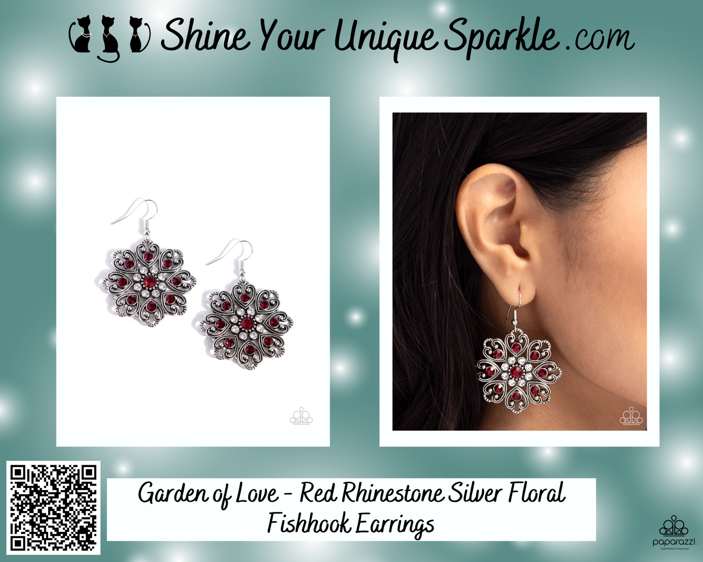 Garden of Love - Red Rhinestone Silver Floral Fishhook Earrings