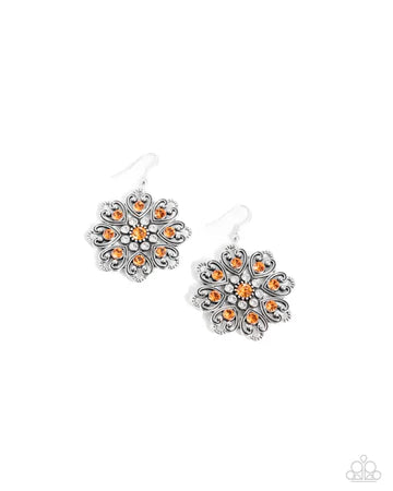 Garden of Love - Orange Rhinestone Silver Floral Fishhook Earrings