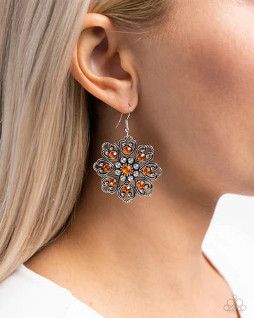 Garden of Love - Orange Rhinestone Silver Floral Fishhook Earrings