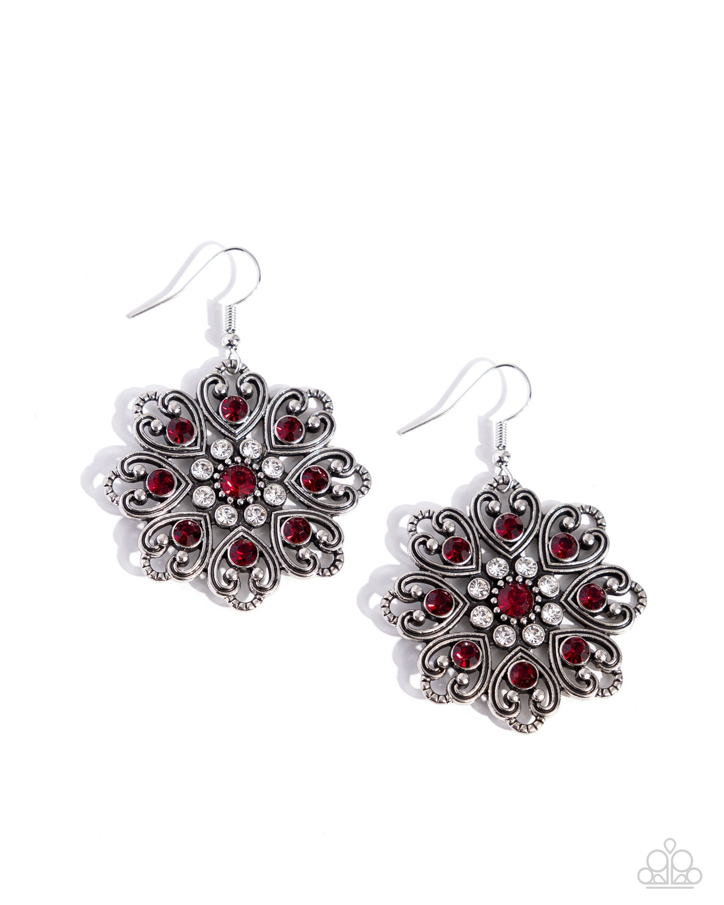 Garden of Love - Red Rhinestone Silver Floral Fishhook Earrings