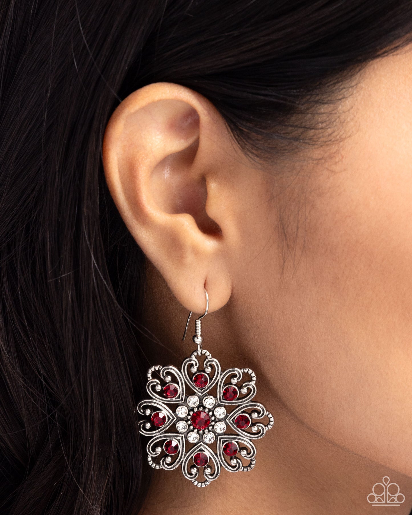Garden of Love - Red Rhinestone Silver Floral Fishhook Earrings