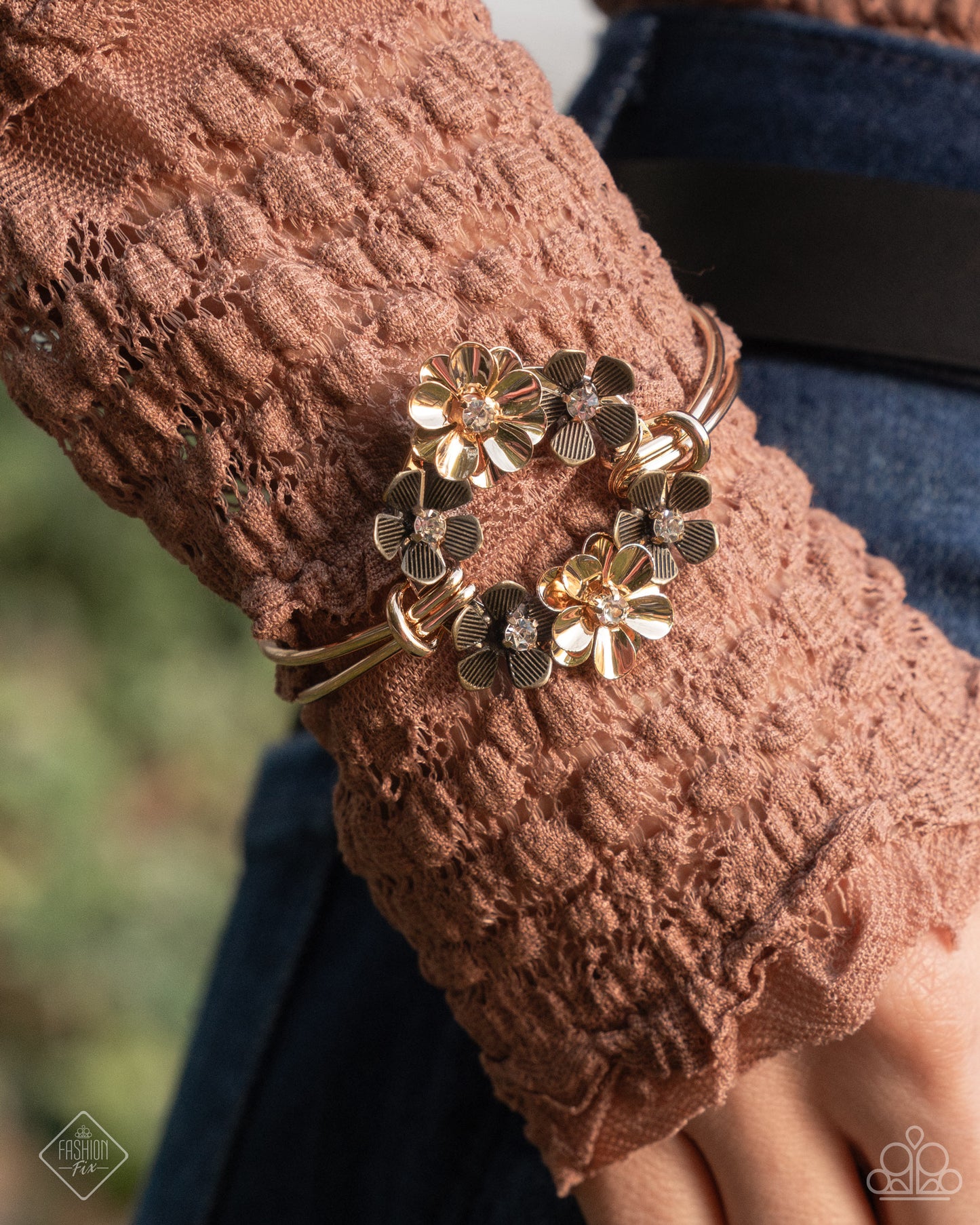 PERFECT MATCH / SET: Genuine Garden - Gold and Brass Flower Cuff Bracelet AND Graceful Garden - Gold and Brass Flower Post Earrings - Fashion Fix