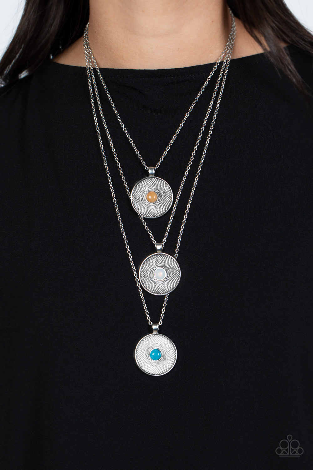 Geographic Grace - Turquoise, White and Orange Stone Medallion Silver Medium-Length Necklace