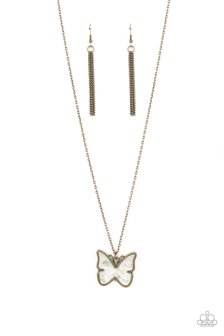 Gives Me Butterflies - Brass Clear Acrylic Butterfly White Flecks Short Necklace