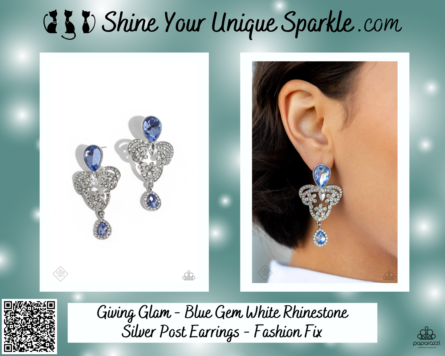 Giving Glam - Blue Gem White Rhinestone Silver Post Earrings - Fashion Fix