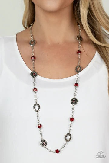 Glammed Up Goals - Red Rhinestone Silver Long Necklace