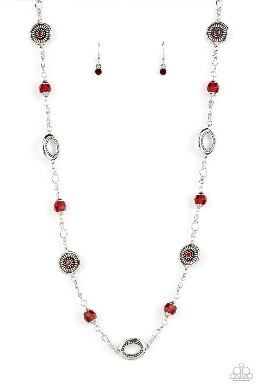 Glammed Up Goals - Red Rhinestone Silver Long Necklace