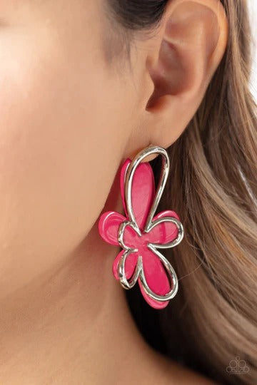 Glimmering Gardens - Pink Acrylic and Silver Flower Post Earrings