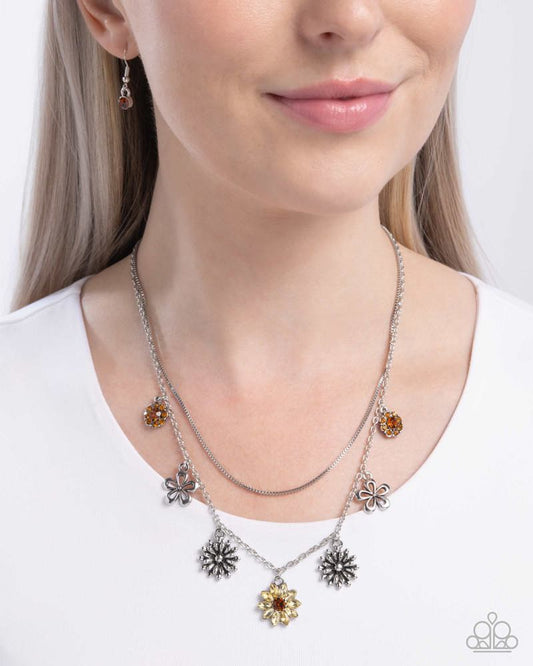 Glinting Garden - Yellow Gem Flower Silver Short Necklace