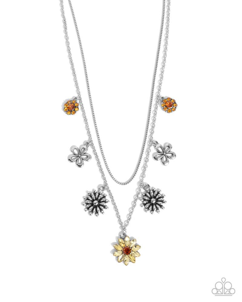 Glinting Garden - Yellow Gem Flower Silver Short Necklace