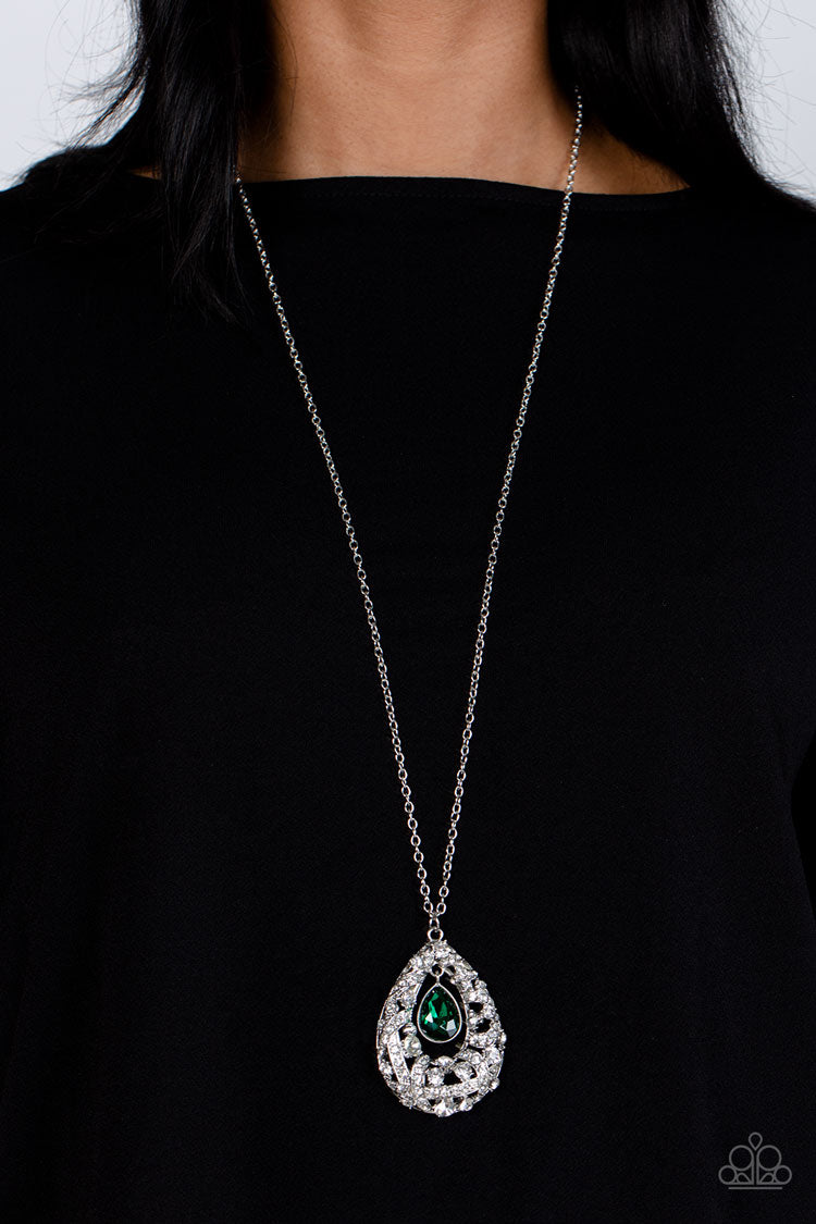 Glitz and GLOW - Green Gem Silver Teardrop Long Necklace