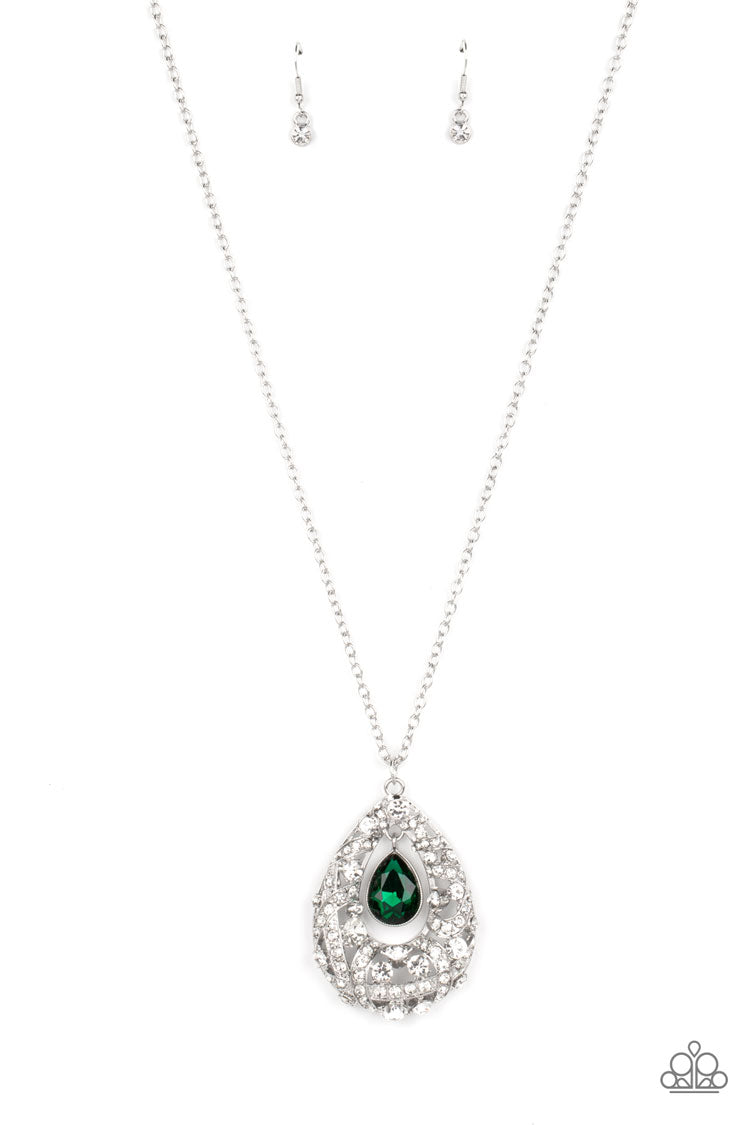 Glitz and GLOW - Green Gem Silver Teardrop Long Necklace