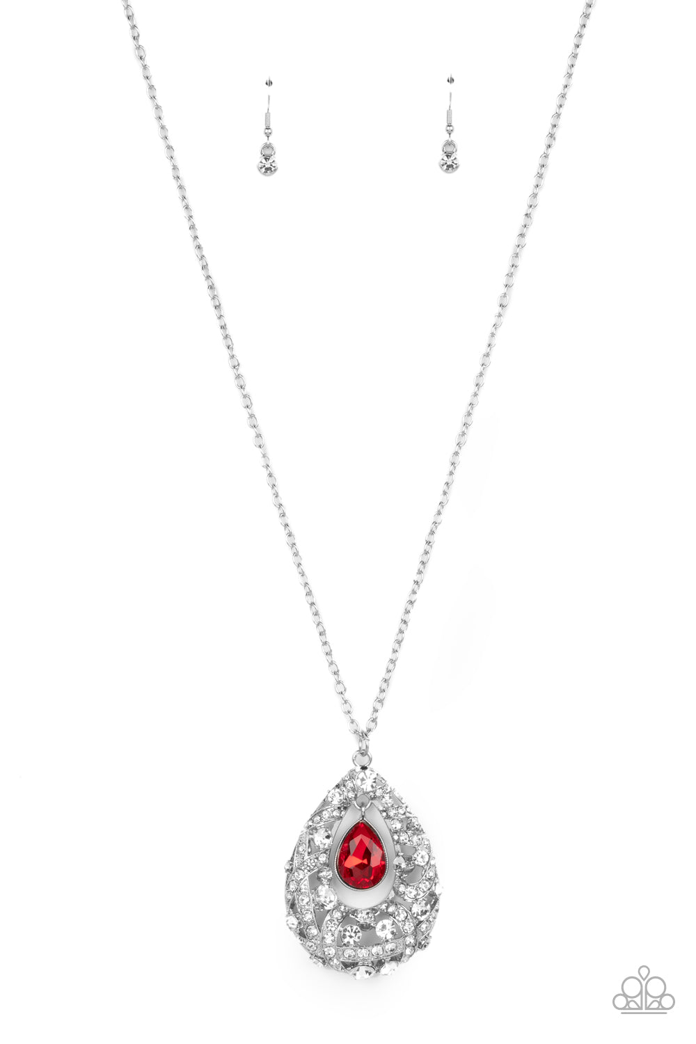 Glitz and GLOW - Red Gem Silver Teardrop Long Necklace