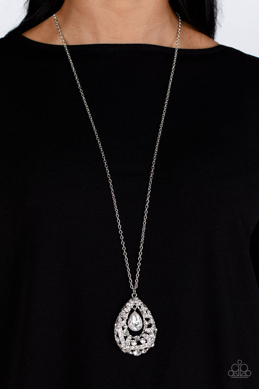 Glitz and GLOW - White Gem Silver Teardrop Long Necklace