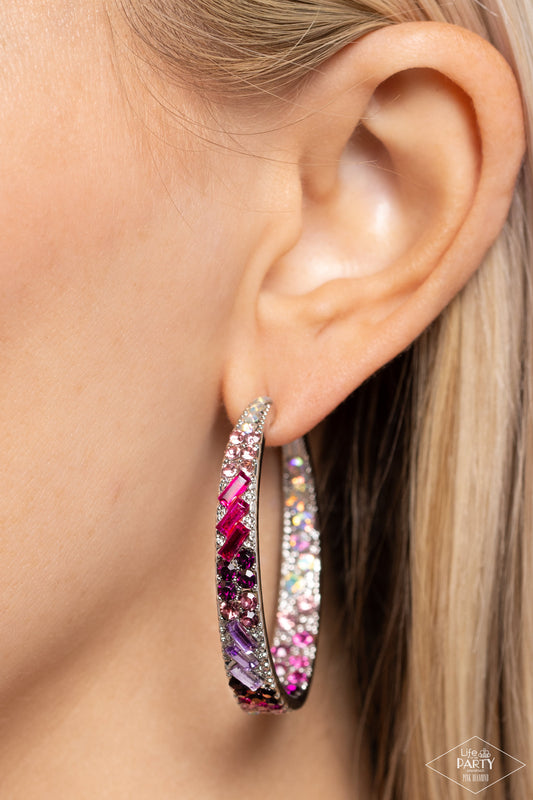 GLITZY By Association - Multi, Silver with Iridescent and Shades of Pink and Purple Rhinestones Hoop Earrings - Life of the Party Pink Diamond Encore Exclusive