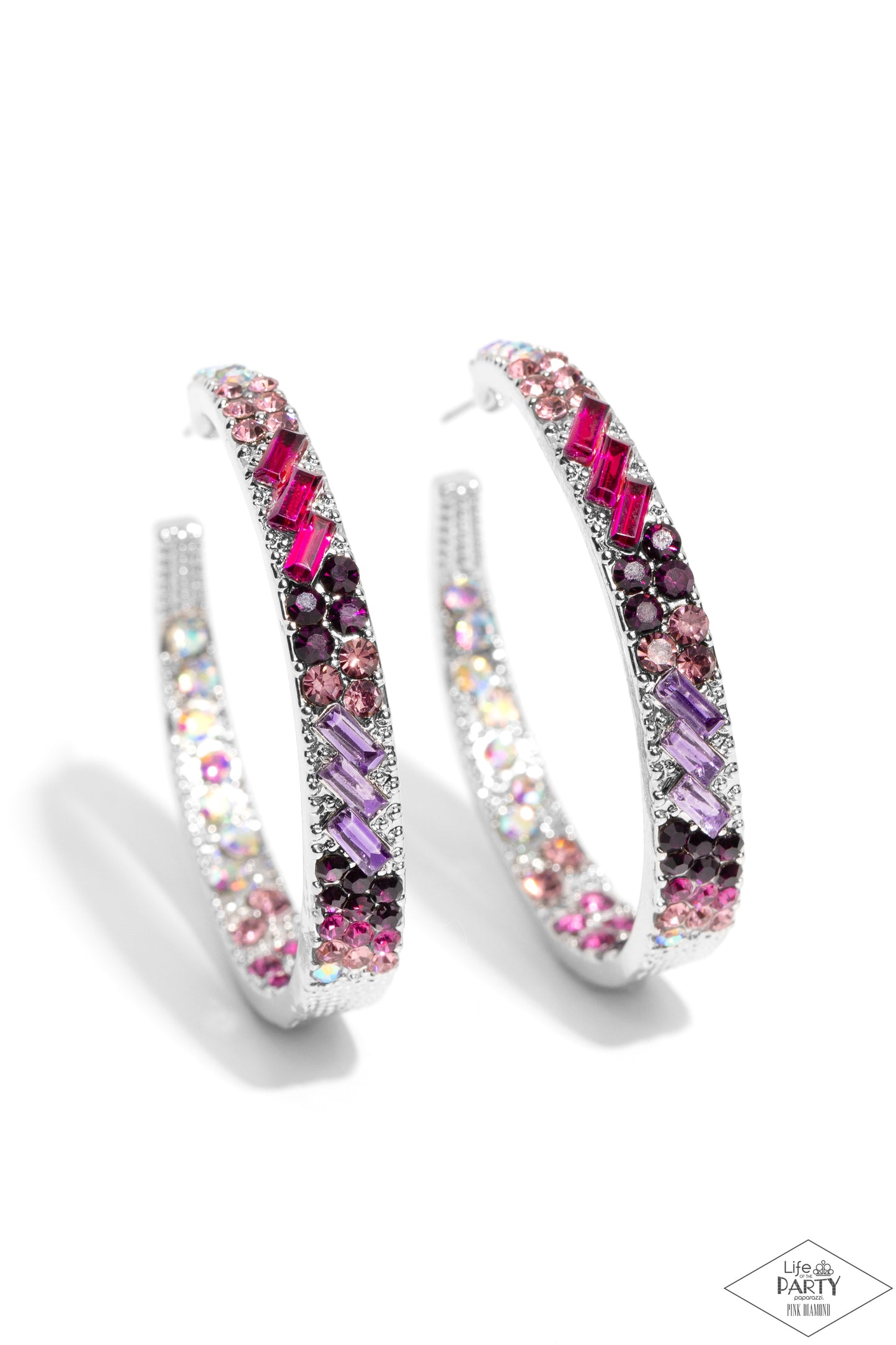 GLITZY By Association - Multi, Silver with Iridescent and Shades of Pink and Purple Rhinestones Hoop Earrings - Life of the Party Pink Diamond Encore Exclusive