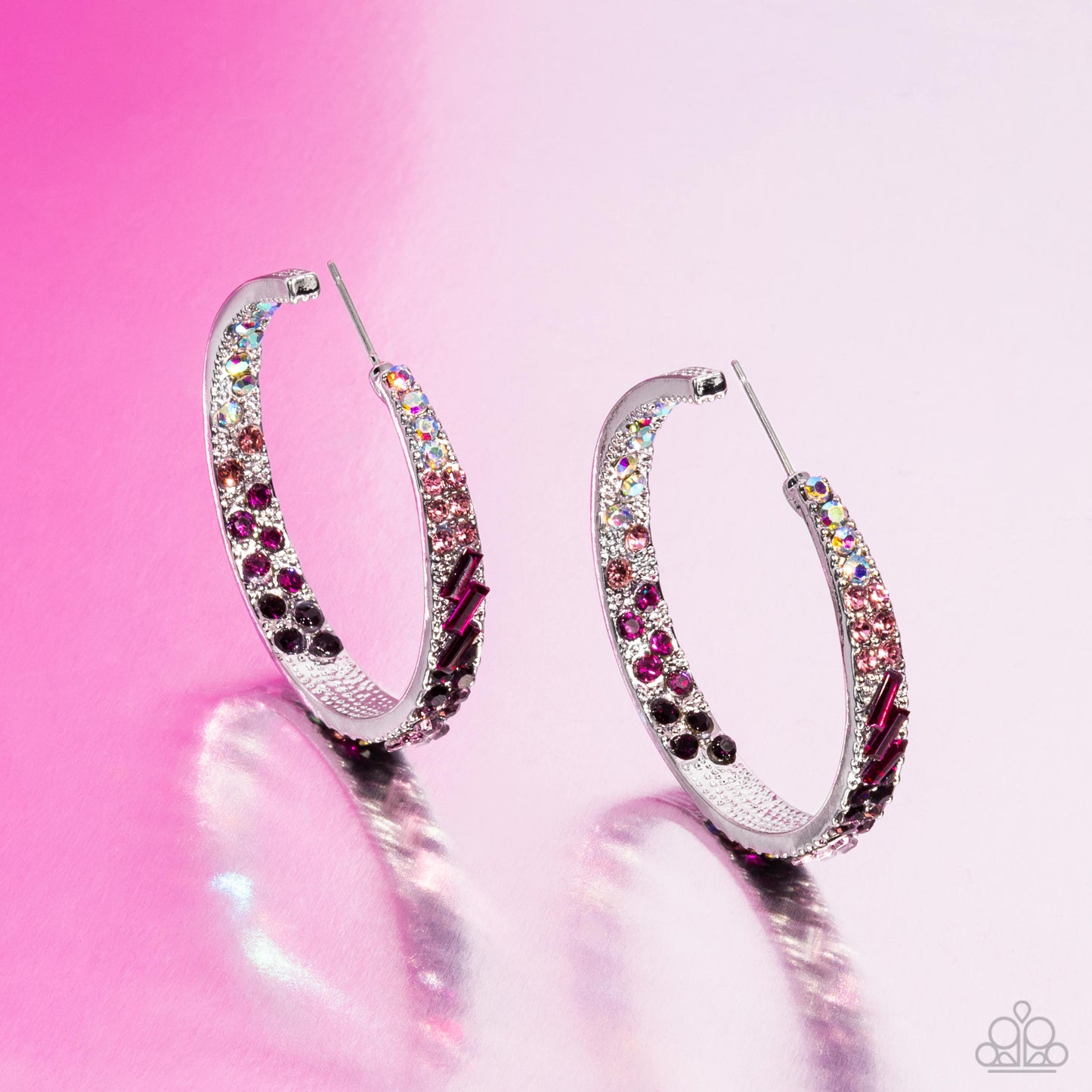 GLITZY By Association - Multi, Silver with Iridescent and Shades of Pink and Purple Rhinestones Hoop Earrings - Life of the Party Pink Diamond Encore Exclusive