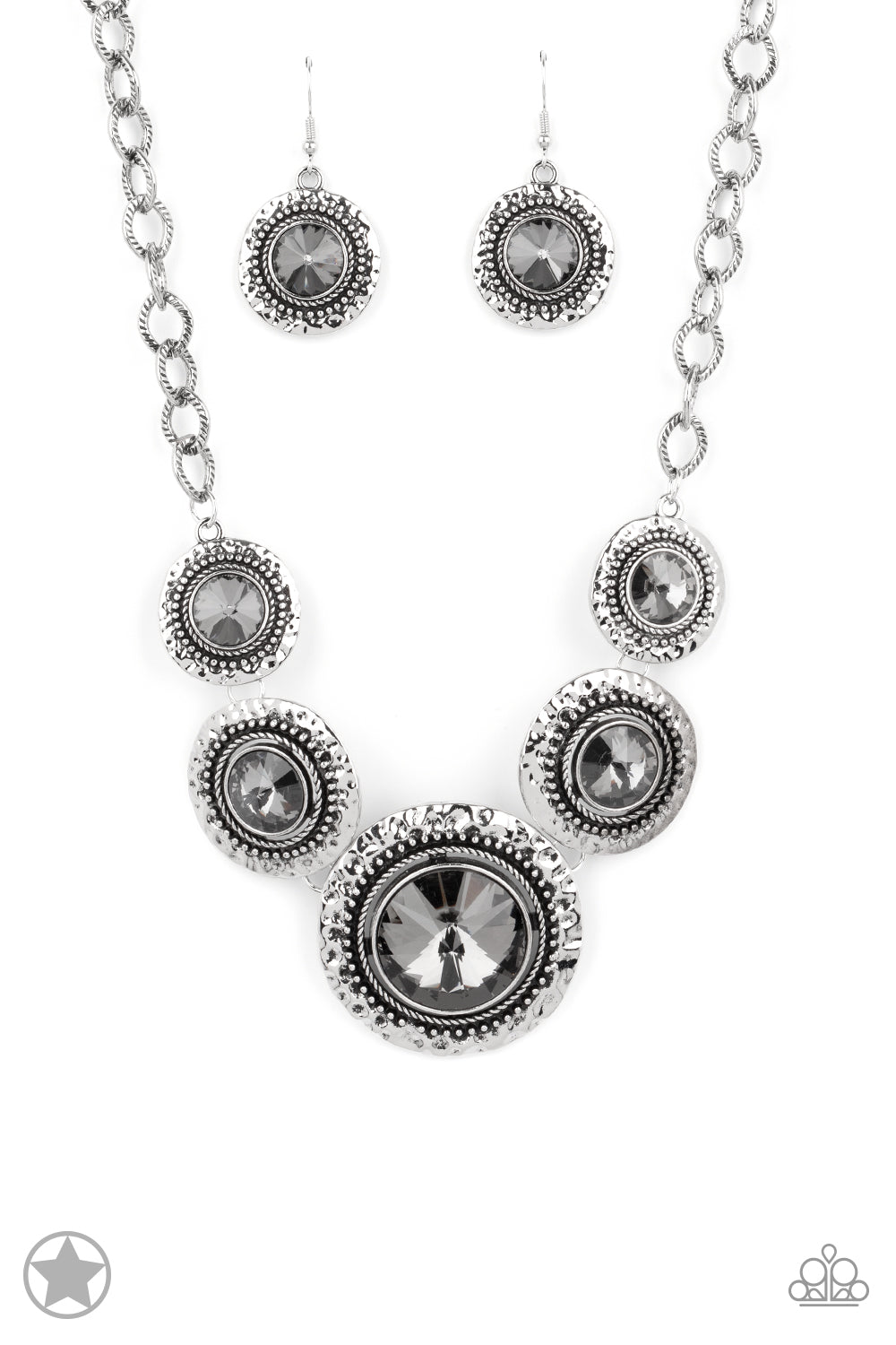 Global Glamour - Silver Smoky Gem Silver Studded Frame Statement Short Necklace - Blockbuster