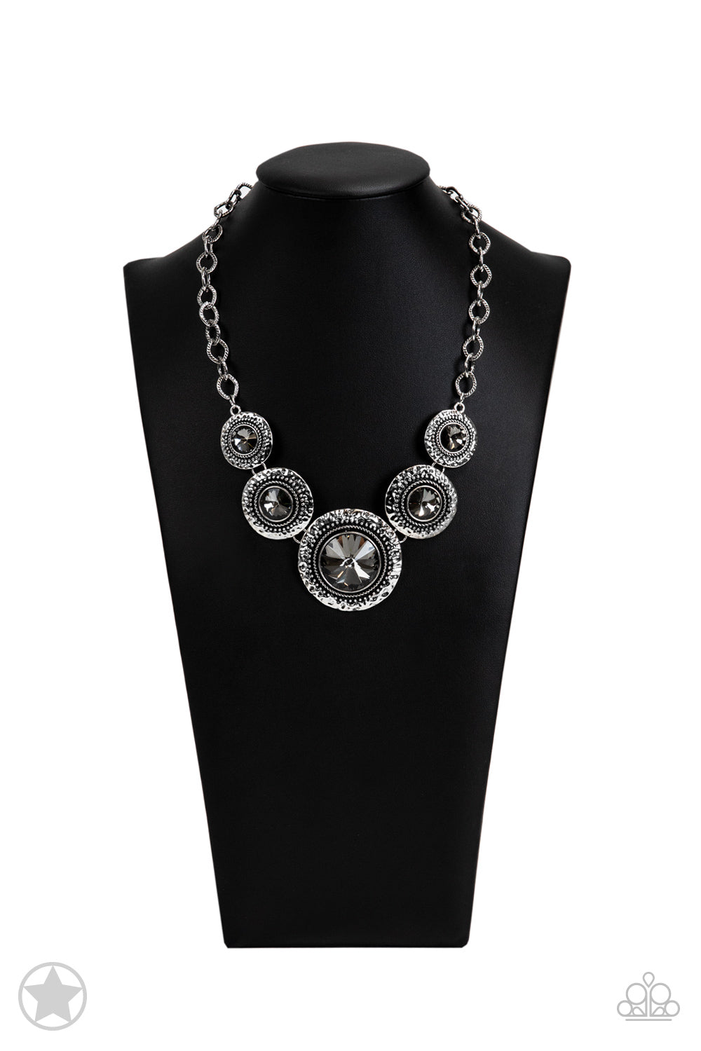 Global Glamour - Silver Smoky Gem Silver Studded Frame Statement Short Necklace - Blockbuster