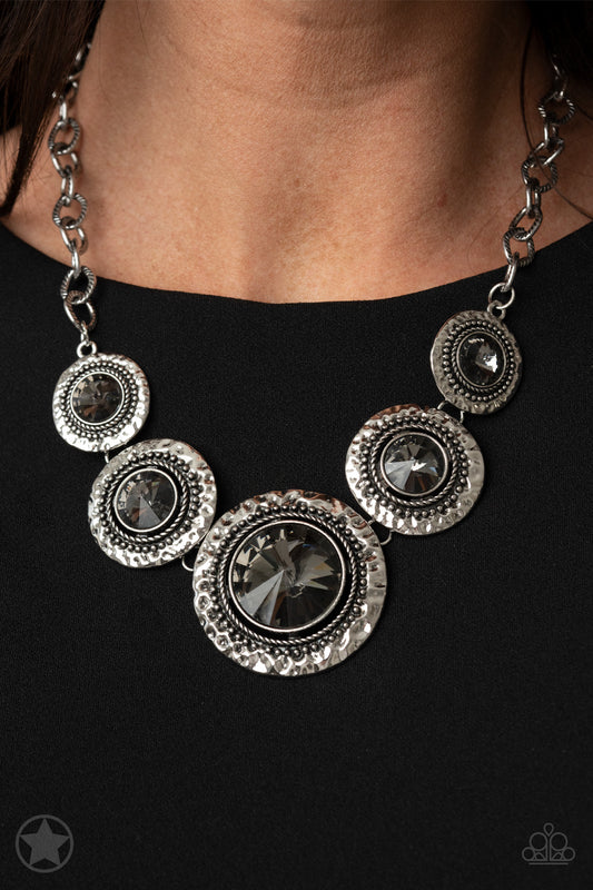 Global Glamour - Silver Smoky Gem Silver Studded Frame Statement Short Necklace - Blockbuster