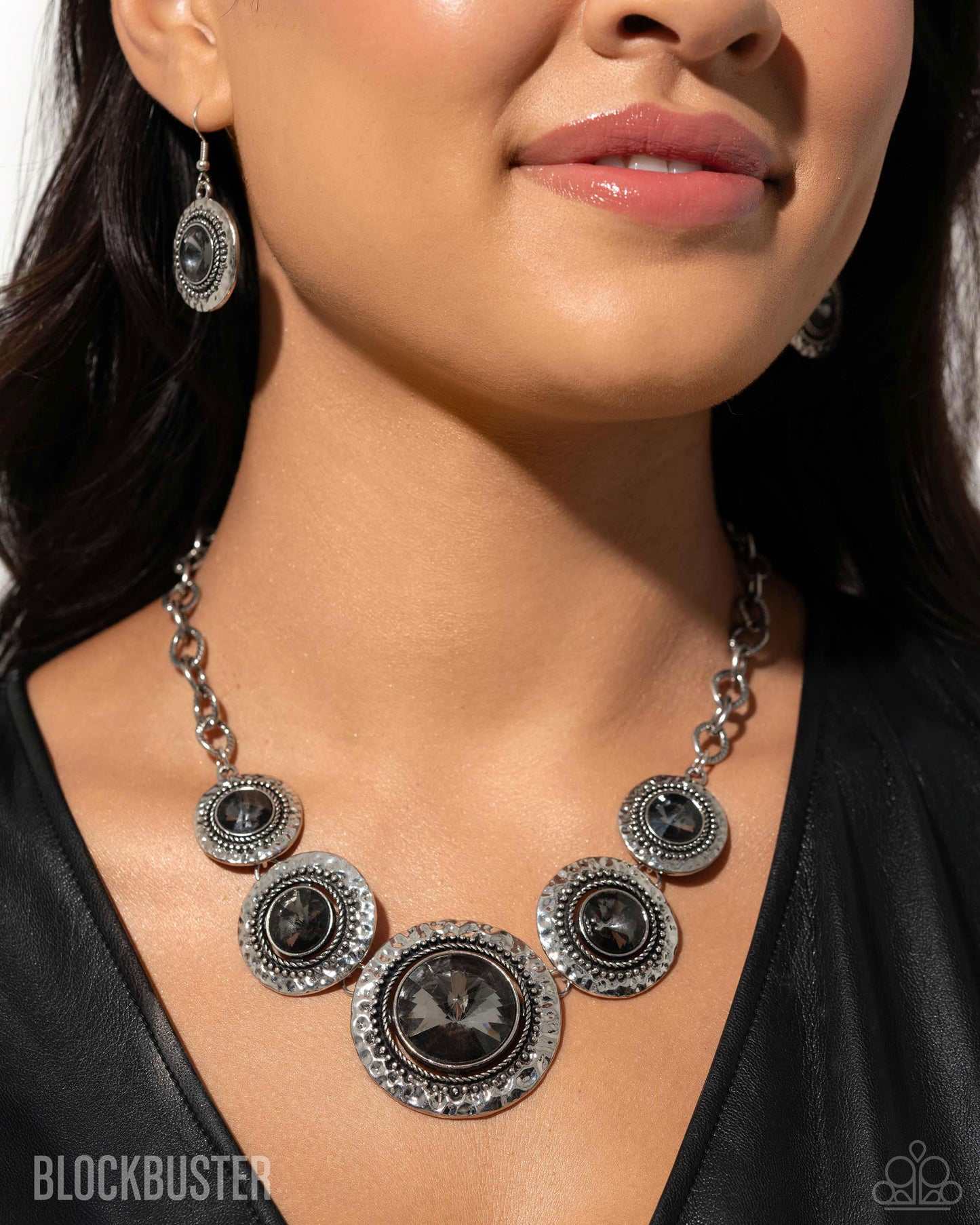 Global Glamour - Silver Smoky Gem Silver Studded Frame Statement Short Necklace - Blockbuster
