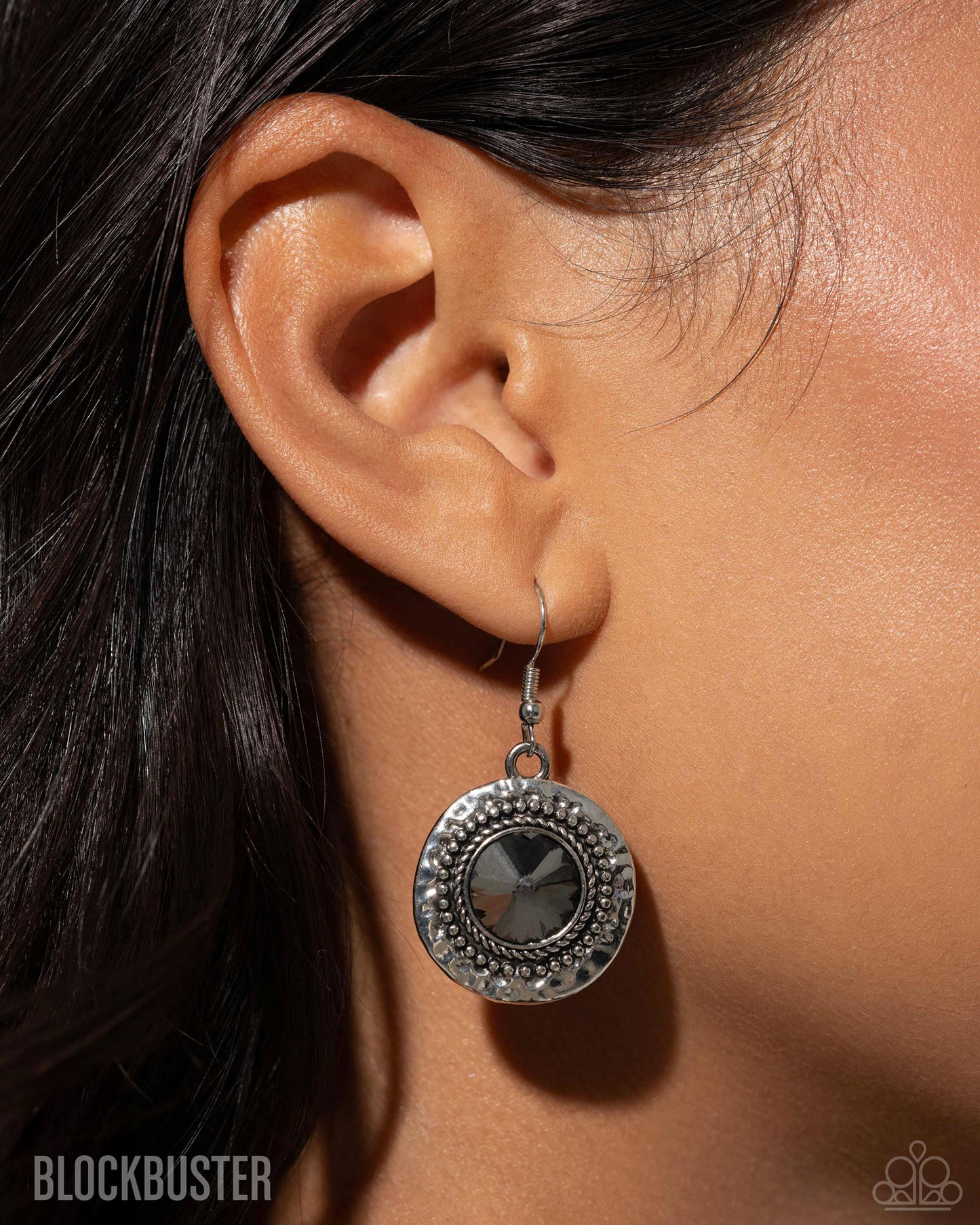 Global Glamour - Silver Smoky Gem Silver Studded Frame Statement Short Necklace - Blockbuster