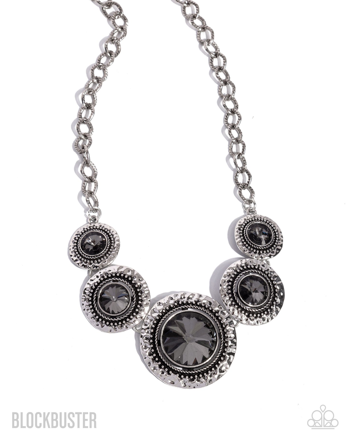 Global Glamour - Silver Smoky Gem Silver Studded Frame Statement Short Necklace - Blockbuster