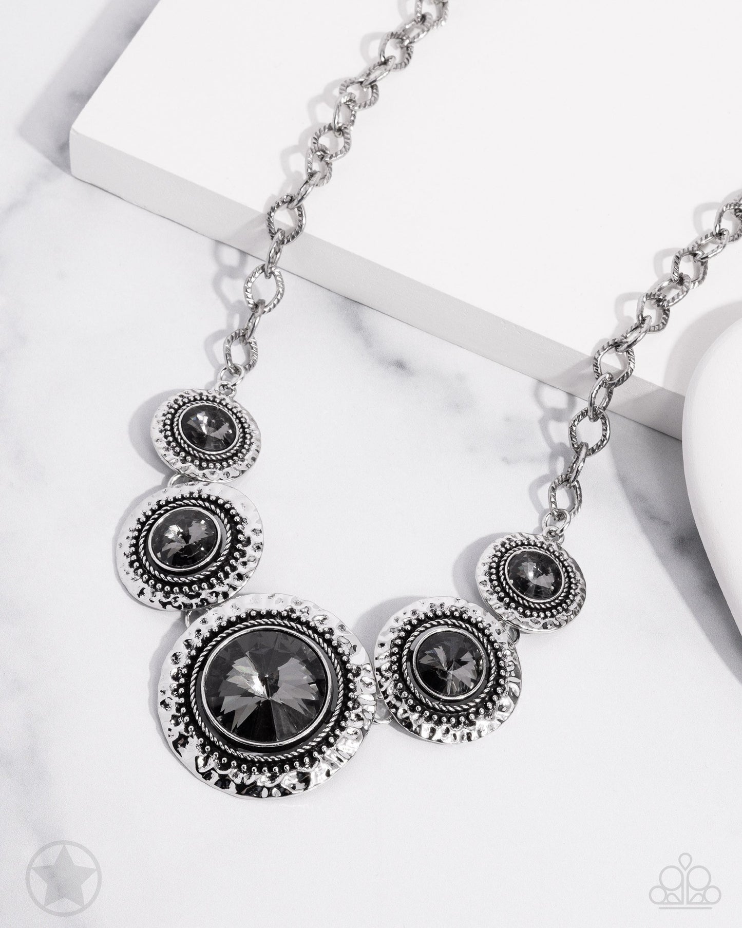 Global Glamour - Silver Smoky Gem Silver Studded Frame Statement Short Necklace - Blockbuster