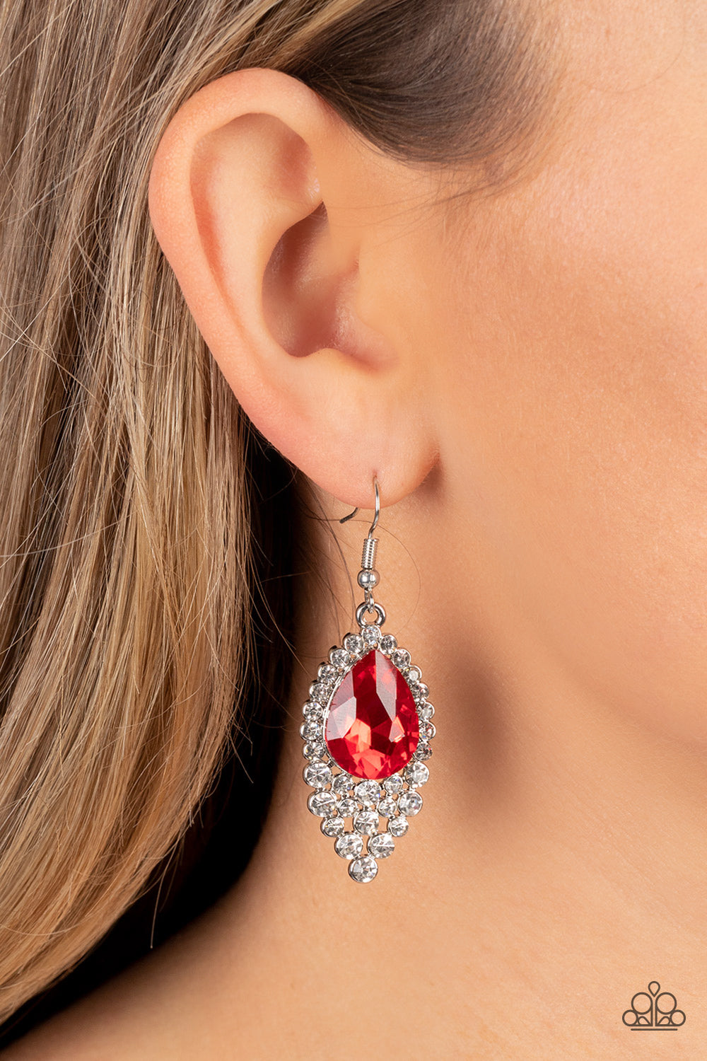 Glorious Glimmer - Red Gem Rhinestone Silver Fishhook Earrings